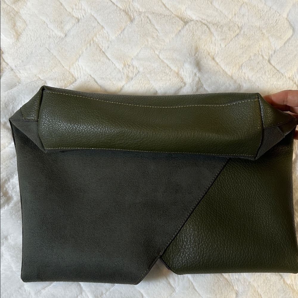 Olive Green Leather And Suede Hobo Tote Bag - Picture 8 of 10